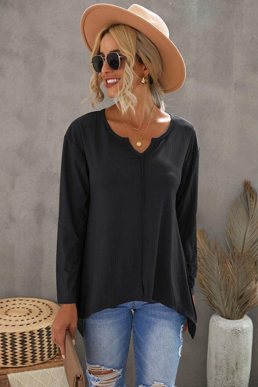 Notched Neck Asymmetric Hem Top