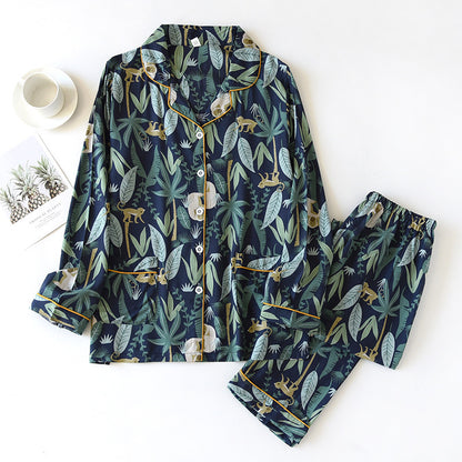 Women's Fashionable Cotton Silk Home Wear Long Sleeve Trousers Suit