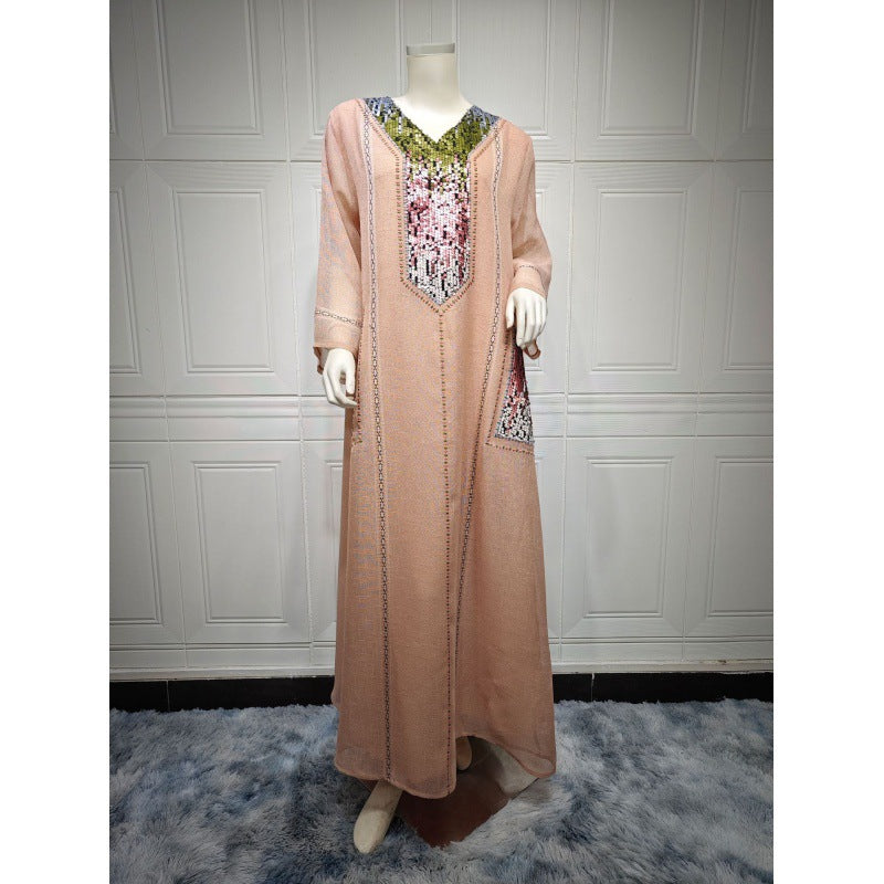 Robe ample brodée de paillettes à col en V pour femmes