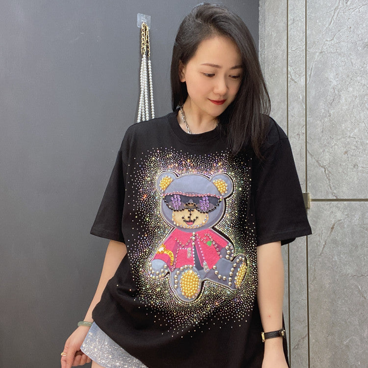 Heavy Industry Beaded Bear Loose Casual Western Style Short Sleeves