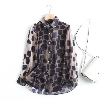 Women's Lapel New Animal Stripe Silk Satin Texture Color Matching Casual Fashion Shirt Long Sleeve