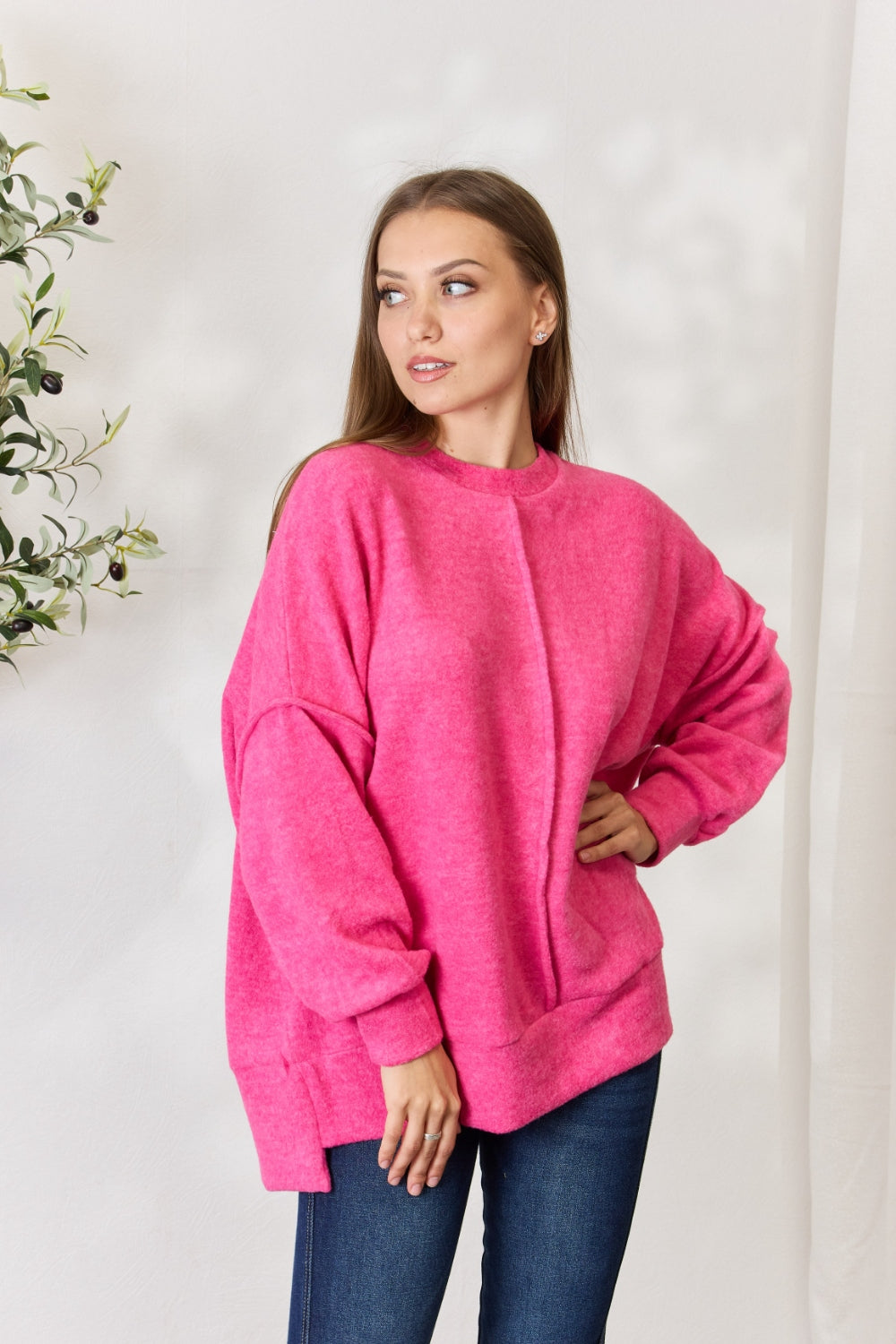 Zenana Sweat-shirt à manches longues avec couture centrale pleine taille