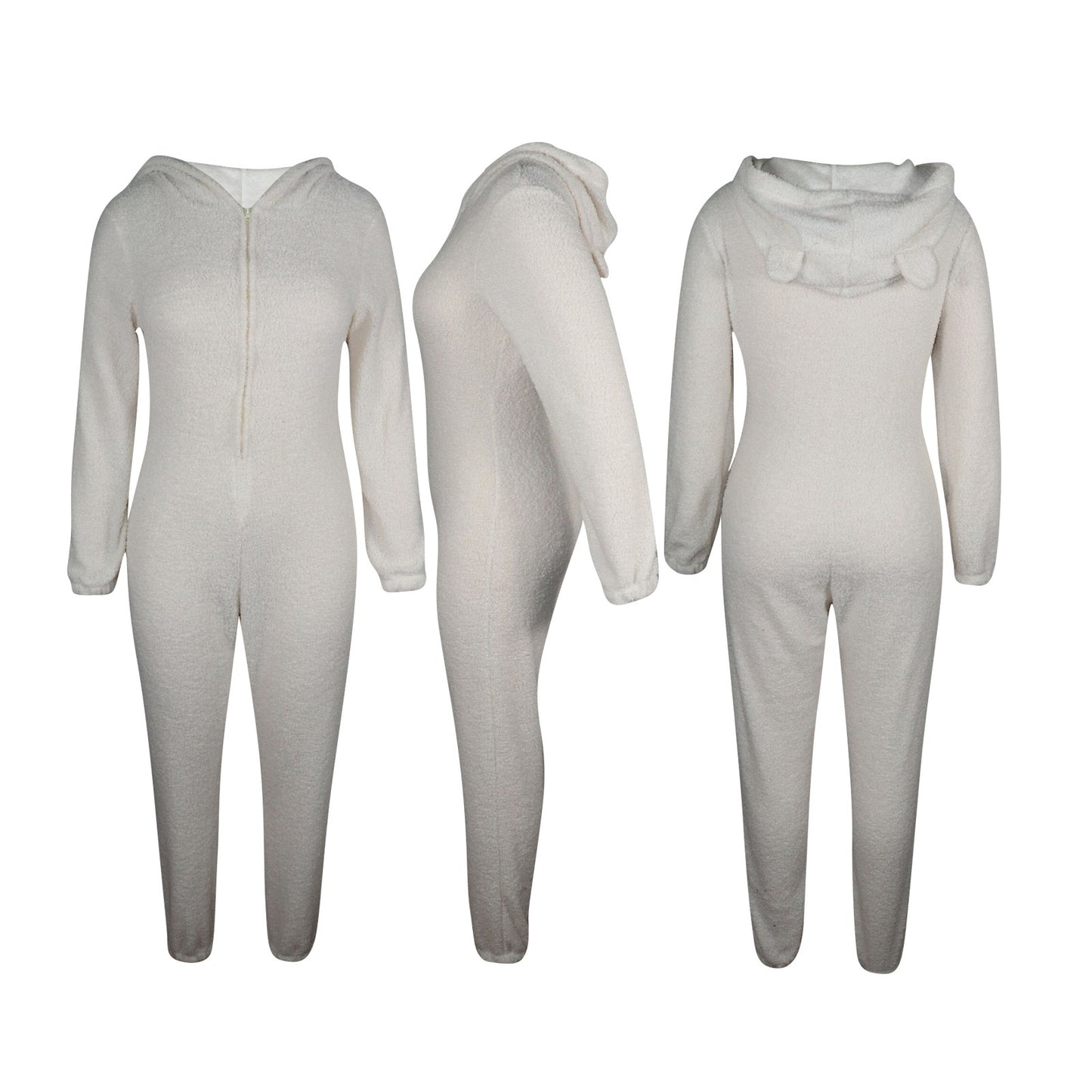 Pure Color Plush Hooded Long-sleeved Warm Home Jumpsuit With Ears