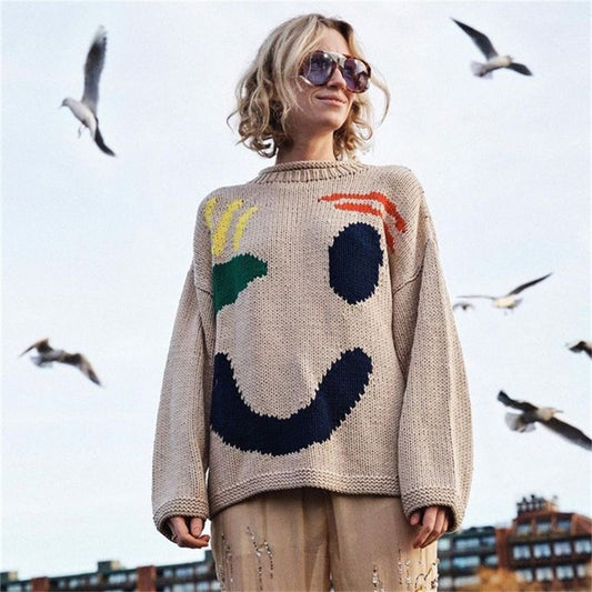 Pull tricoté Smiley de noël pour femmes, manches longues, col rond, haut imprimé teint en fil