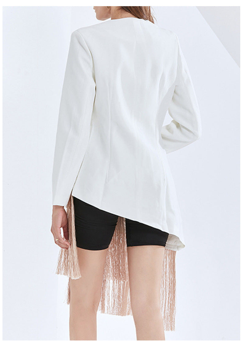 Women's Fashionable Fringed Embroidered Hem Irregular Blazer