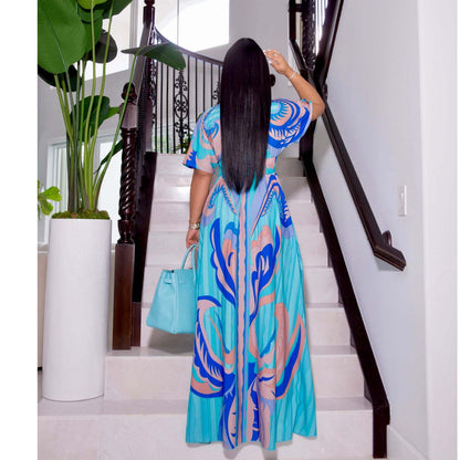 Printed Butterfly Sleeve Women's Large Swing Side Slit Dress