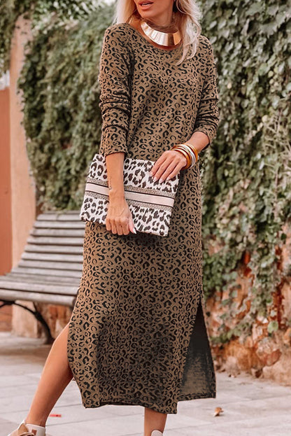 Vestido dividido de manga larga con cuello redondo y leopardo