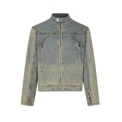 Women's Washed Distressed Half Turtleneck Zipper Denim Coat