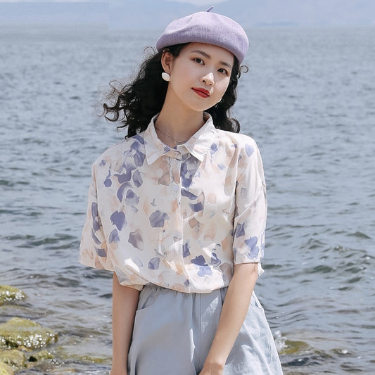 Hong Kong Style Chiffon Short Sleeve Floral Shirt Thin