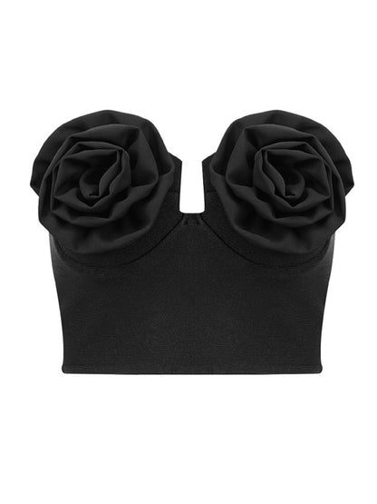 Haut tubulaire noir vent européen et américain, gilet à bandes élastiques à fleurs à la mode