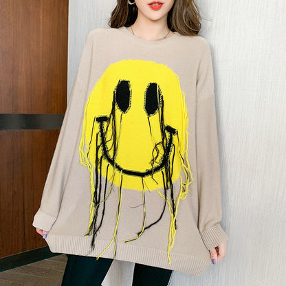 Loose smiley long-sleeved knitted top