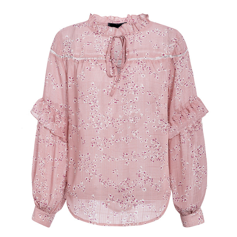 The new floral lace round neck stitching wild ruffle shirt