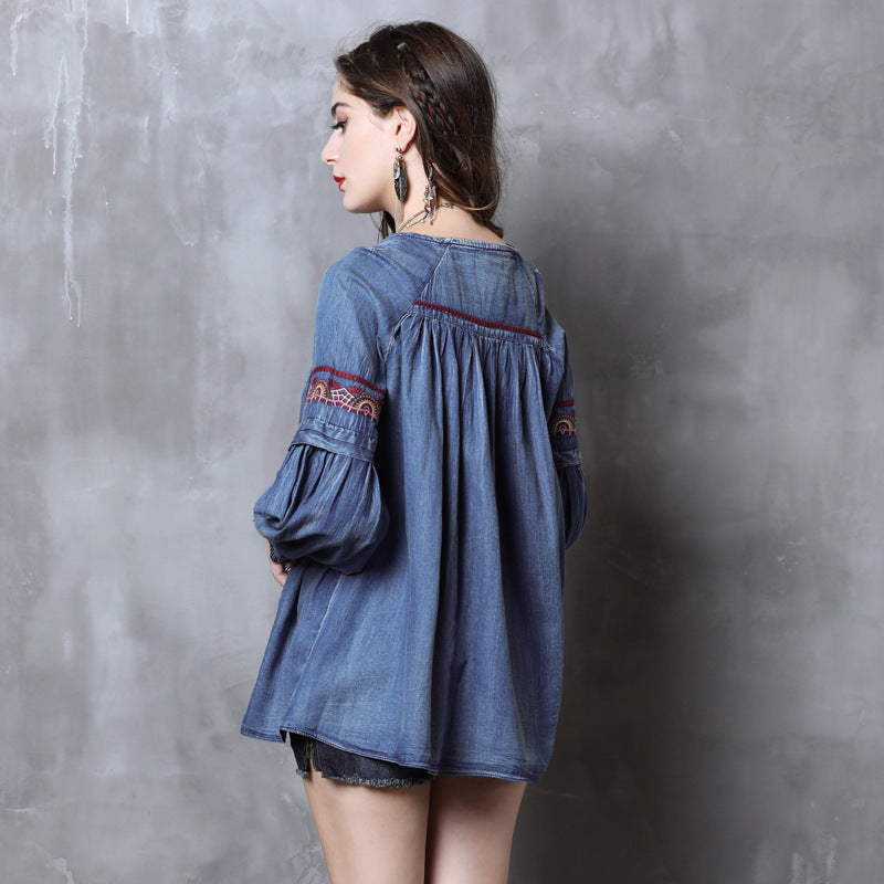 Lantern Sleeve Large Size Denim Shirt Retro Embroidery Strap Loose Long-sleeved Shirt Women