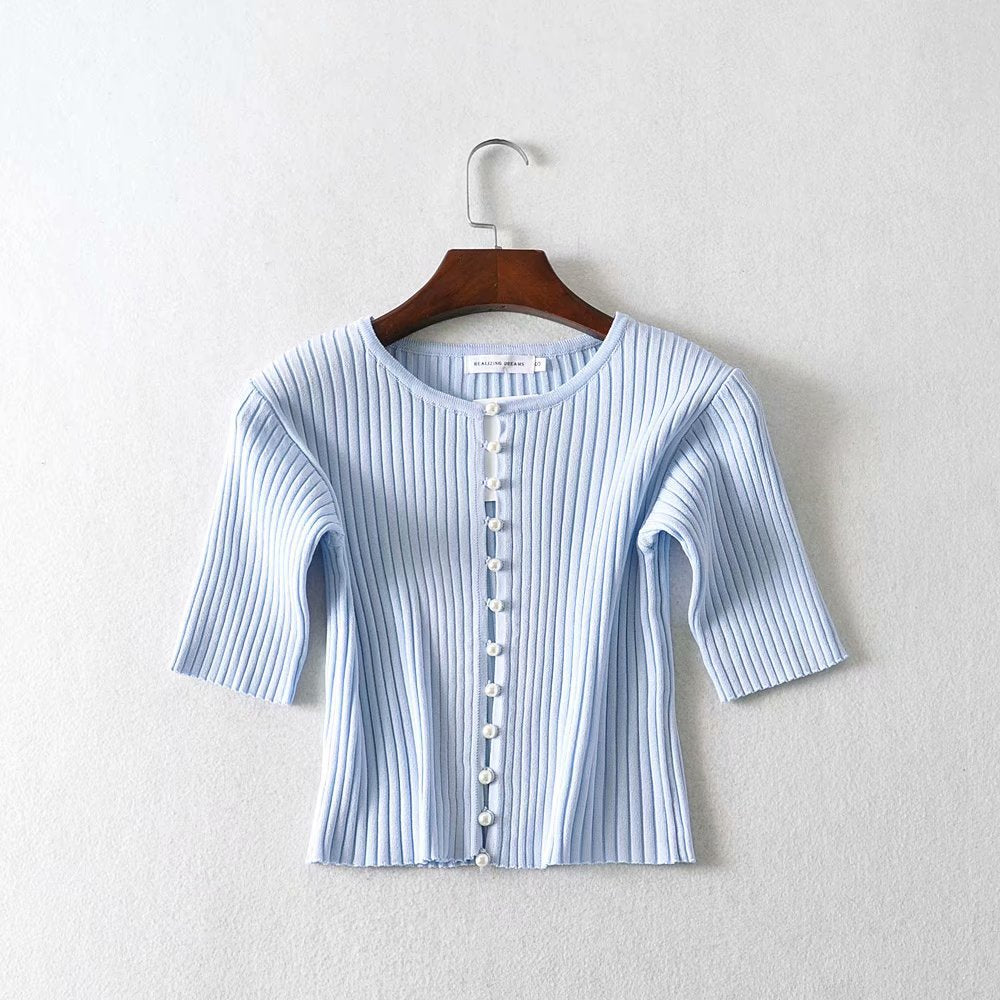 Short Slim-Fit Pearl-Breasted Knit Short-Sleeved Shirt