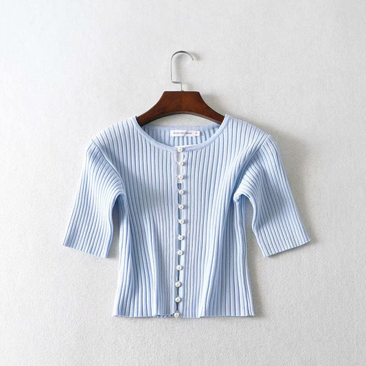 Chemise courte à manches courtes en maille à boutonnage perlé, coupe slim