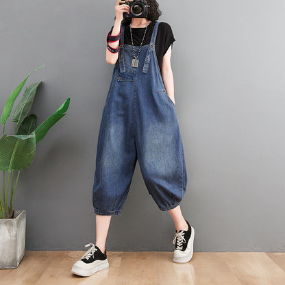 Women's New Style Denim Overalls Loose Retro Slim Stripes