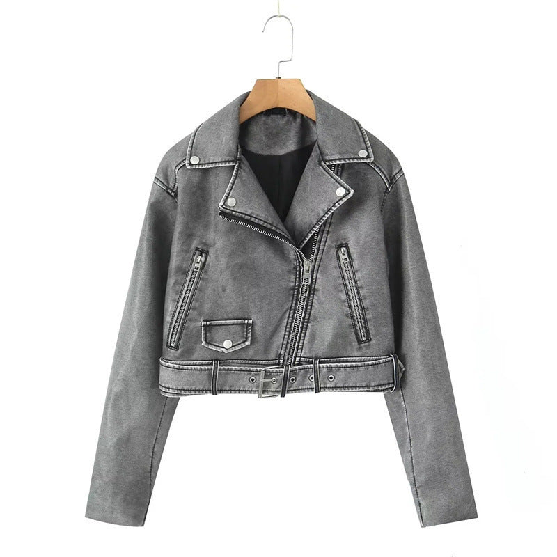 Women's Washed Leather Worn Motorcycle Leisure Jacket Leather Coat