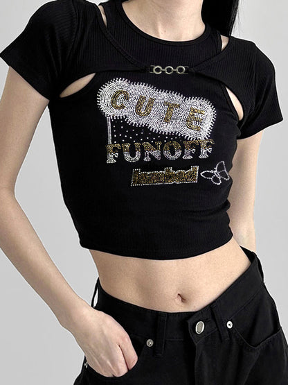 Diseño Chaleco con diamantes de imitación Blusa Manga corta Todo a juego