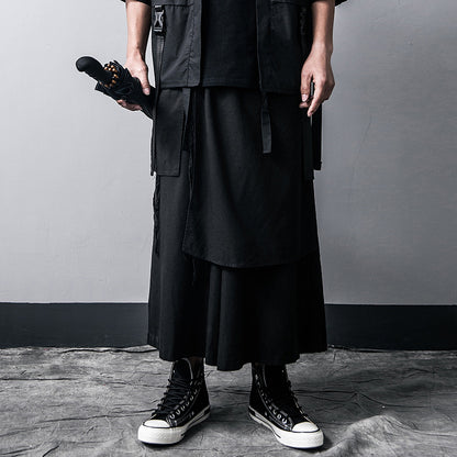 Guochao dark black wide leg pants skirt