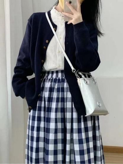 Women's Autumn Fashion Preppy Style Plaid Skirt Three-piece Set