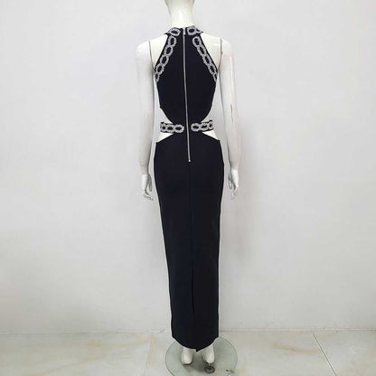 Sexy Sleeveless Hollow Backless Mid-length Rhinestone Bandage One-piece Dress Slim Fit