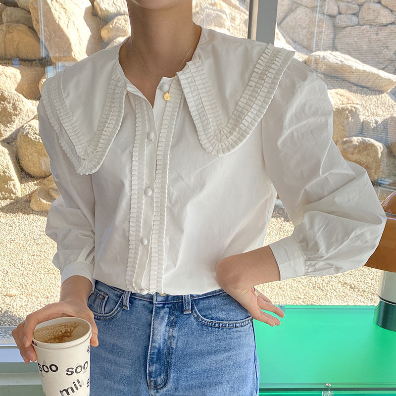 Lapel Pleated Stitching Design Edging Button Loose Solid Color Puff Sleeve Shirt Women