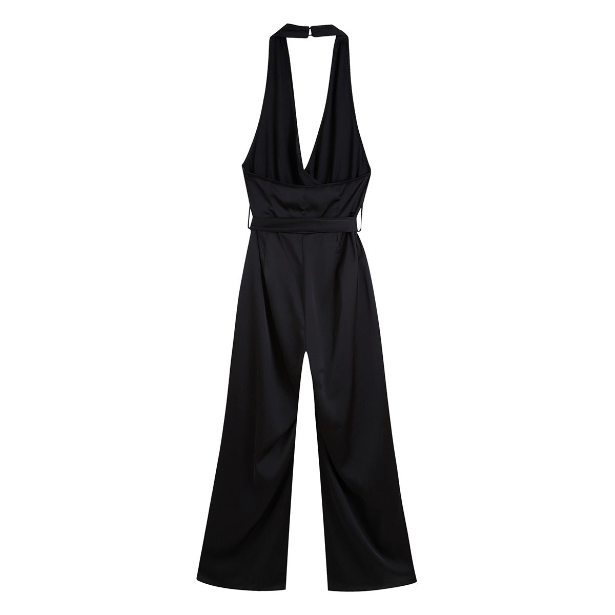 Silk Texture Belt Black Slim Jumpsuit