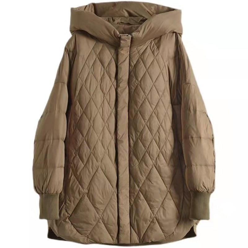 Chaqueta de plumón de pato blanca holgada de longitud media con capucha fina para otoño e invierno