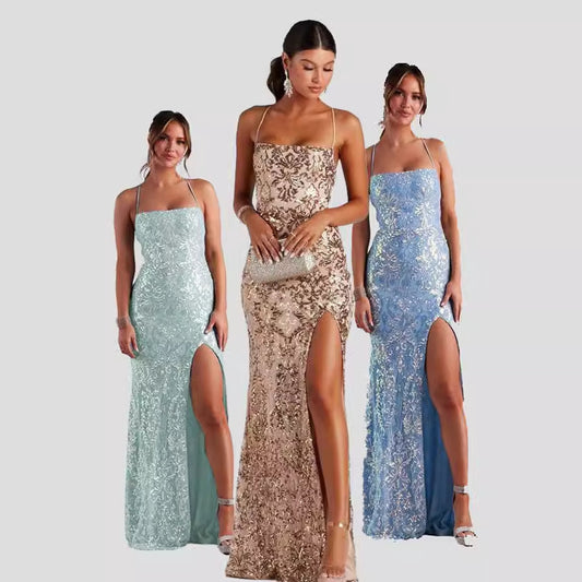 Vestido de fiesta de banquete con abertura elegante hasta el suelo con lentejuelas y cuello descubierto