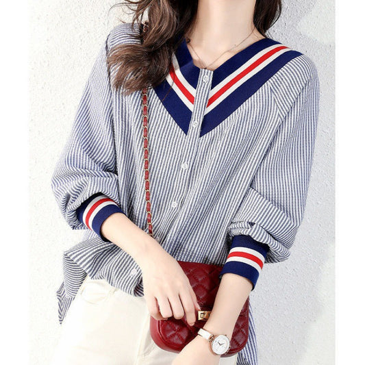 Women's Temperament Striped Loose And Slim V-neck Shirt For Women