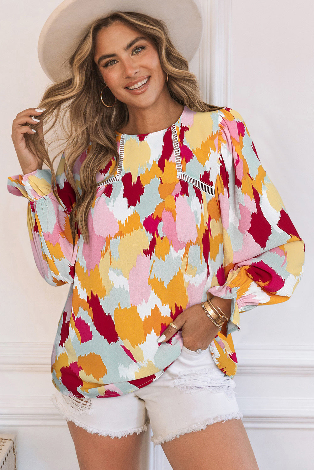 Printed Flounce Sleeve Buttoned Blouse