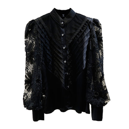 Lace stitching micro see-through stand-up collar shirt