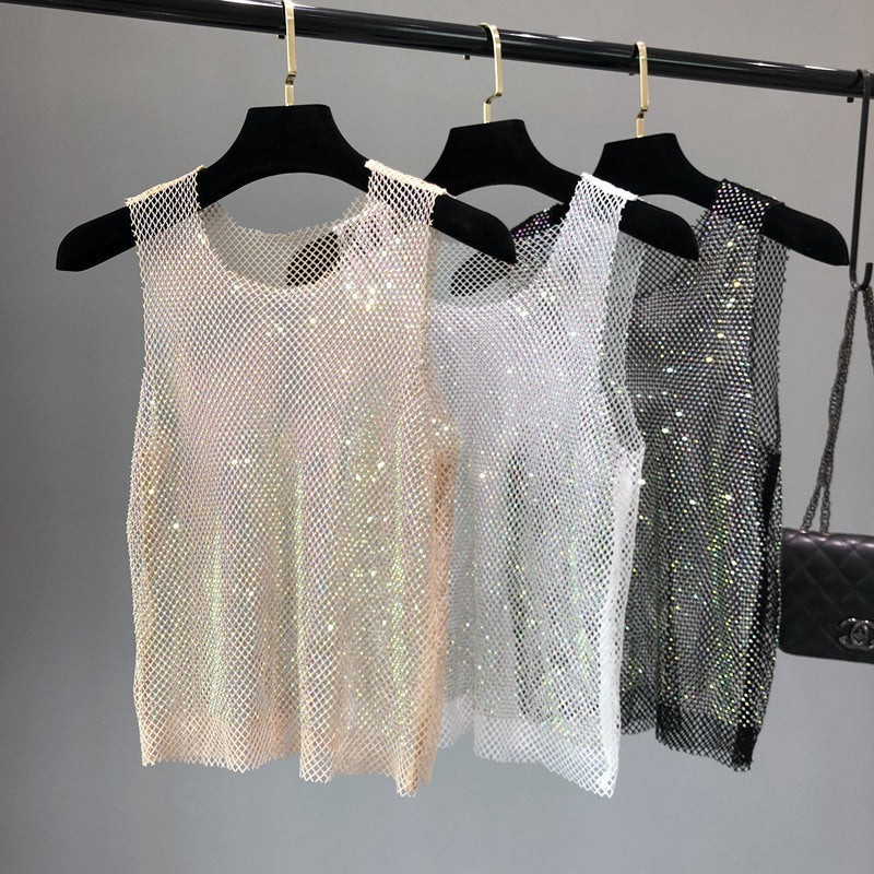 Gilet en maille strass pour femmes, haut sans manches ajouré en diamant léger