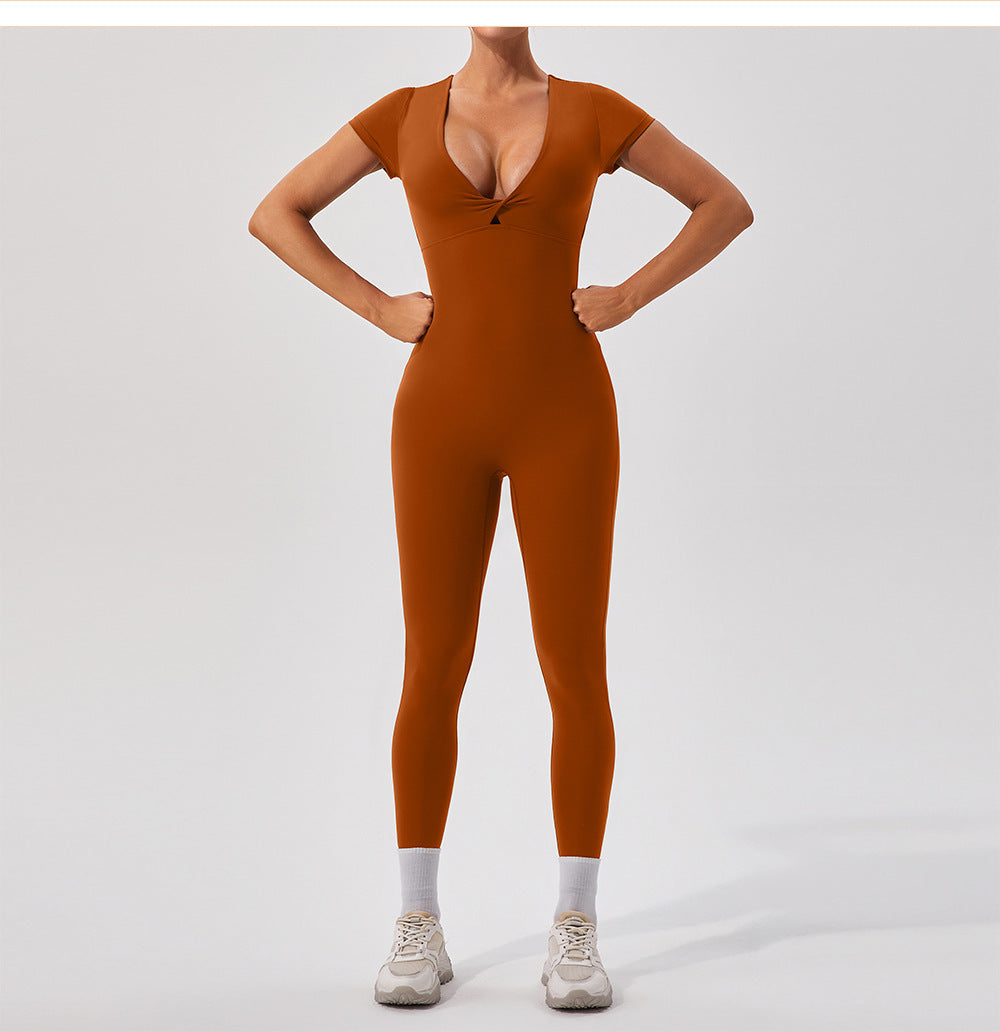 European And American Sexy Nude Feel Short Sleeve Yoga Jumpsuit