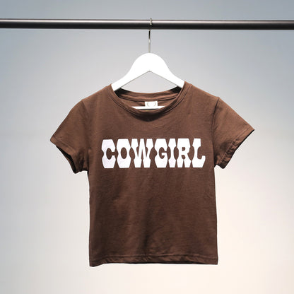 Camiseta de algodón con estampado de letras COWGIRL de cintura alta vintage