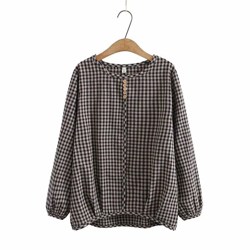 Plus Size Women's Korean Loose Retro Plaid Long Sleeve Bottoming Shirt