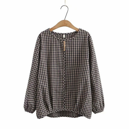 Plus Size Women's Korean Loose Retro Plaid Long Sleeve Bottoming Shirt