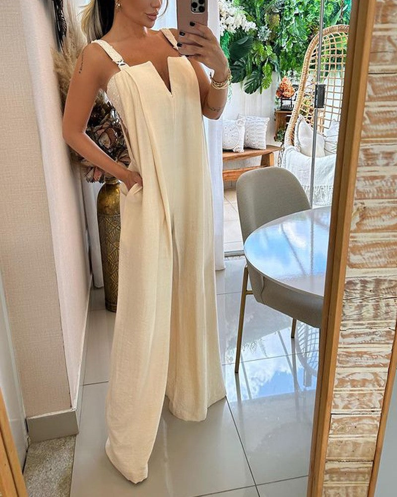 Spring And Summer New Fashion Solid Color Wide Leg Jumpsuit Women