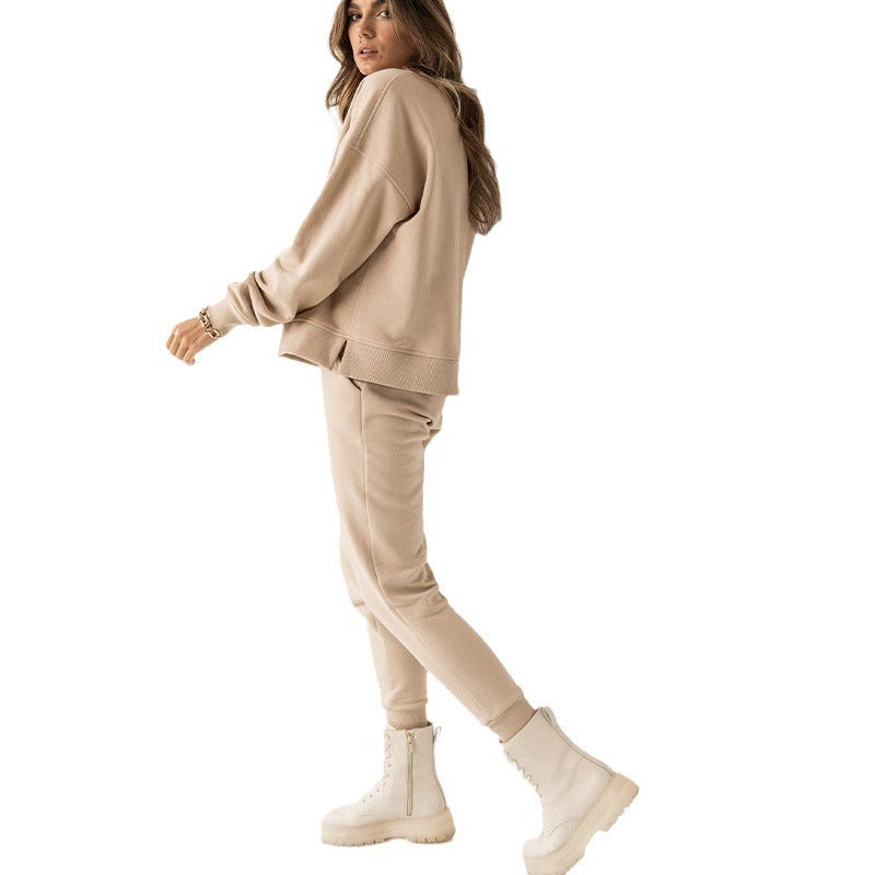 Sweater Fashion Casual Set Solid Color Lazy Drop-shoulder Sleeve Round-neck Shirt Beam Foot Length Rain Pants