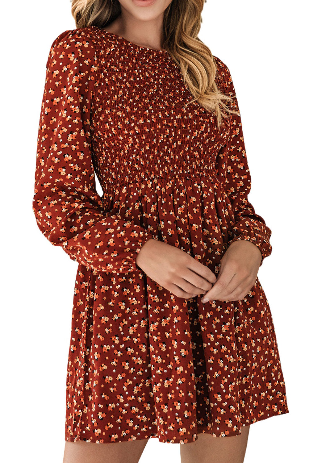 Brown Floral Smocked Bodice Mini Dress