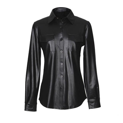 Chemise sexy à manches longues en cuir PU pour femme