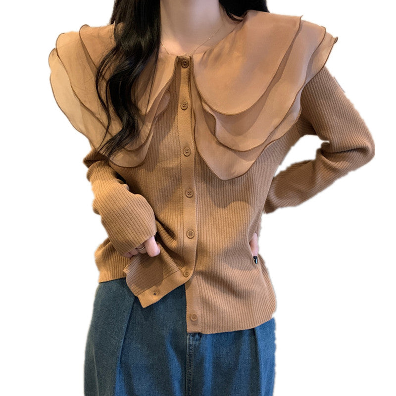 Women's Large Mesh Ruffle Edge Doll Neck Knitted Cardigan