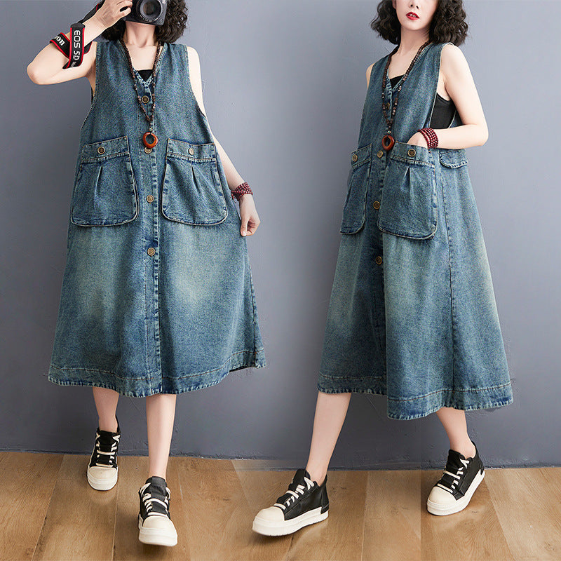 Fashion Casual Mid-length Sleeveless Denim Vest Dress