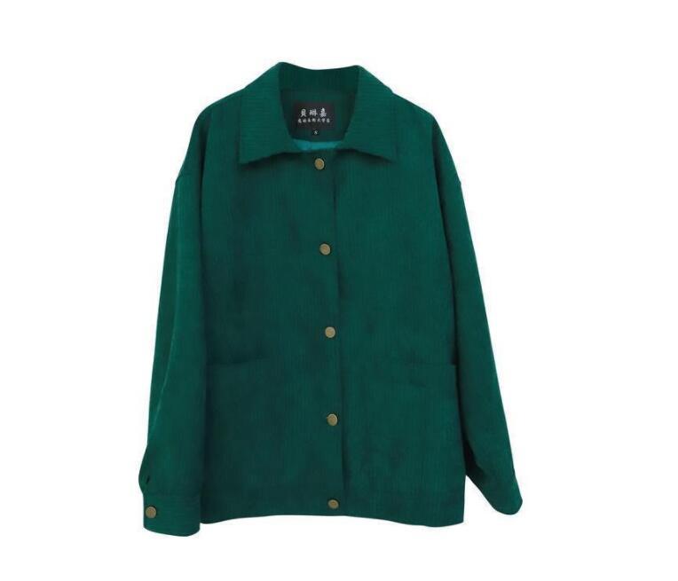 Veste droite en velours côtelé vert, ample, sauvage, rétro