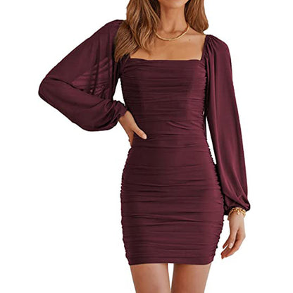 Women's Spring Square Collar Lantern Sleeve Long Sleeve Dress