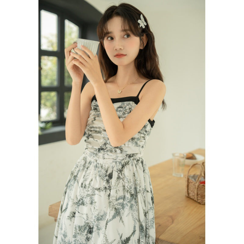 Summer French Style Temperament Design Waist Slimming Sling Flower In Ink Mid-length Dress