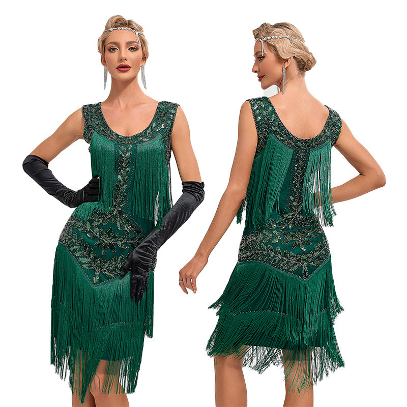 Robe de taille à paillettes à col rond pour femme de danse rétro