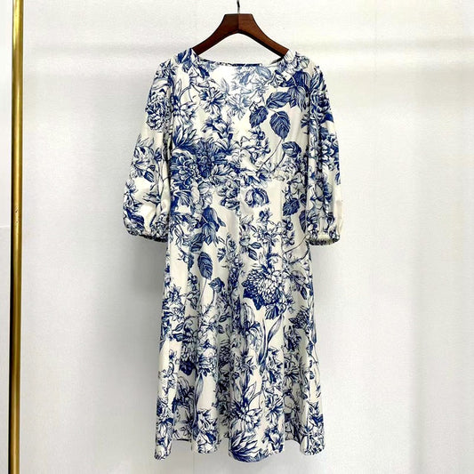 V-neck Mid-sleeve Cotton Blue And White Porcelain Print Dress