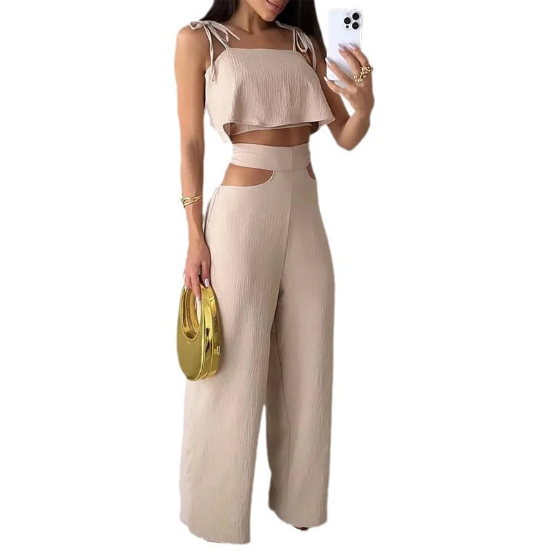 Cross-border Solid Color Sling Top Casual Hollow-out Trousers Suit