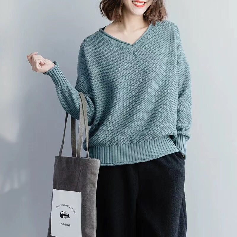 V-neck solid color loose sweater